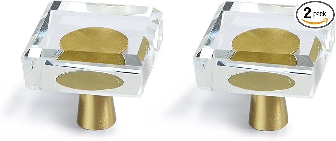 JEREVER 2 Pack Glass Crystal Knobs Brass Drawer Pull Cabinet Handle Gold Furniture Hardware for Dresser Kitchen (Square)