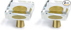 JEREVER 2 Pack Glass Crystal Knobs Brass Drawer Pull Cabinet Handle Gold Furniture Hardware for Dresser Kitchen (Square)
