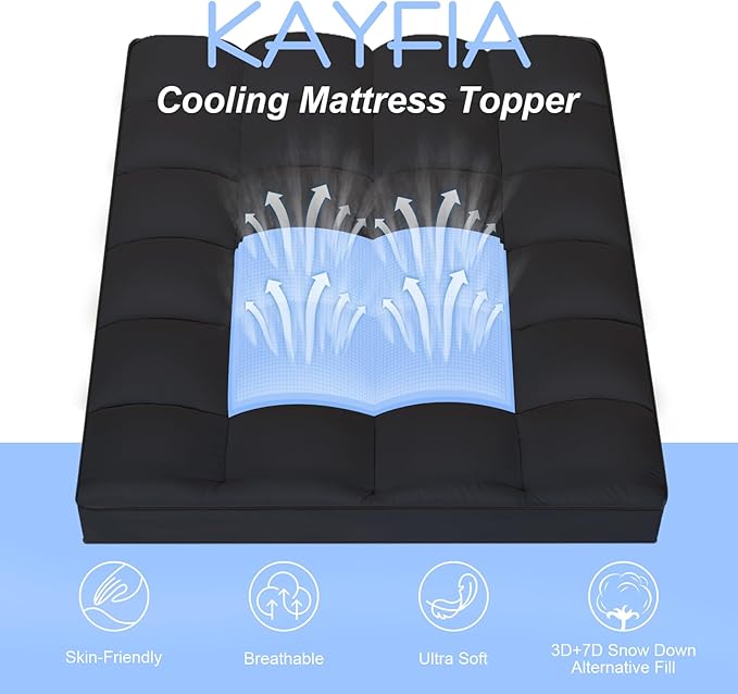 KAYFIA Full Mattress Topper, Extra Thick Mattress Pad Cover for Deep Sleep,3D+7D Snow Down Alternative Fill Overfilled Plush Pillow Top with 8-23 Inch Deep Pocket-Black