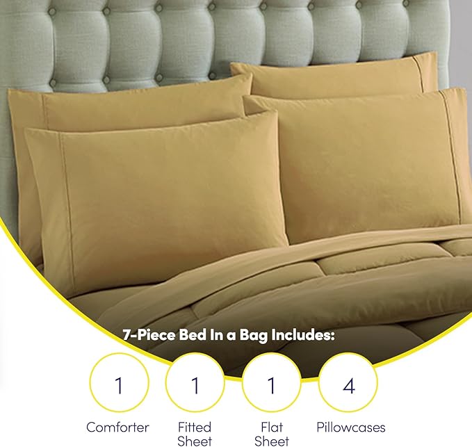 Sweet Home Collection 7 Piece Comforter Set Bag Solid Color All Season Soft Down Alternative Blanket & Luxurious Microfiber Bed Sheets, Camel, Full