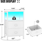 Furologee Nightstands Set of 2, End Tables Set of 2 with Charging Station and LED Lights, White Night Stands with 2 Fabric Drawers, Bedside Tables for Living Room/Bedroom
