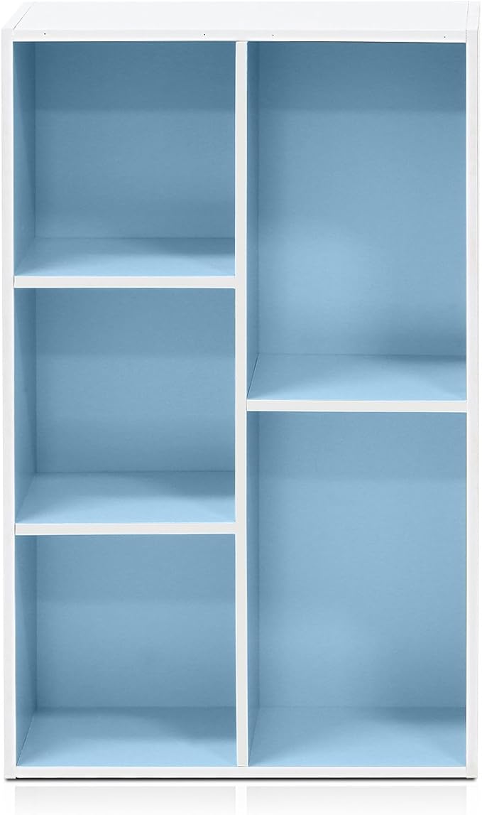 Furinno LUDER Book Shelf, 5-Cube Bookshelf, Reversible Bookcase, 9.4" x 19.5" x 31.5", for Living Room, Bedroom, Home Office, White/Light Blue