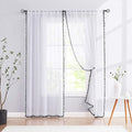 Treatmentex Sheer White Curtains with Black Pom Pom Curtains 84" Long Linen Textured Look Decorative Window Drapes Navy 52" w 1Pair