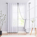 Treatmentex Sheer White Curtains with Black Pom Pom Curtains 84" Long Linen Textured Look Decorative Window Drapes Navy 52" w 1Pair