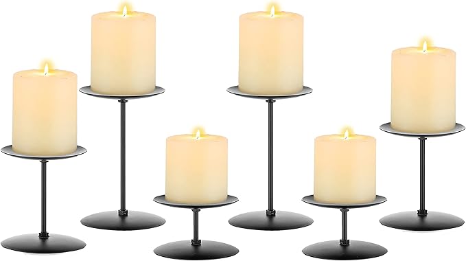 Pillar Candle Holders Candle Plates - Set of 6 Candelabra Candle Stand Iron Plate Minimalism Modern Home Mantel Dinning Table Halloween Decorations Centerpiece for Wedding, Party, Events, Black