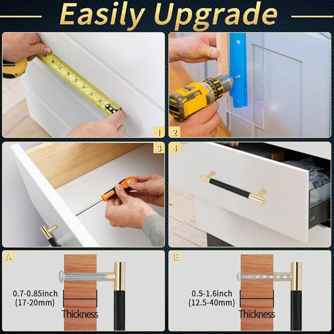 Knurled Cabinet Pulls 6 Pack, 6 Inch Long Cabinet Handles Metal Door Pulls, Kitchen Drawer Pull Knurled Dresser Handles - 5" Hole to Hole, Black & Gold