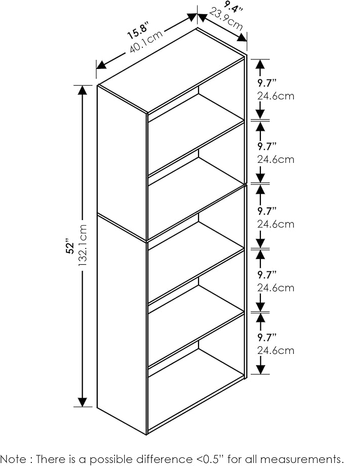 Furinno LUDER Book Shelf, 5-Tier Bookshelf, Bookcase, 9.4" x 15.8" x 52", for Living Room, Bedroom, Home Office, French Oak
