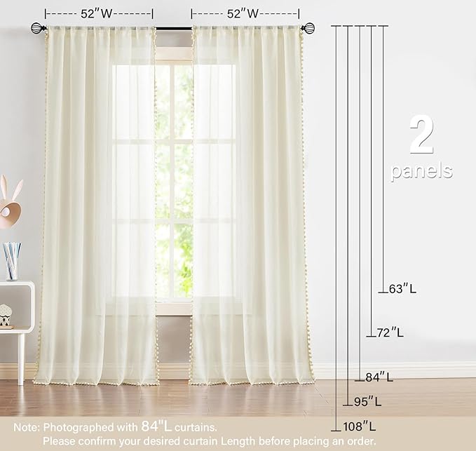 Treatmentex Pom Pom Linen Sheer Curtains for Living Room 63 inches Length Slub Textured Natural Farmhouse Window Sheers Drapes 52" w x 2 Pack, Rod Pocket, Beige