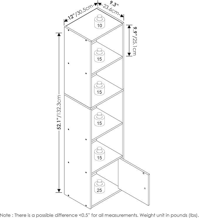 Furinno LUDER Book Shelf, 5-Tier Modern Bookshelf, Bookcase with 1 Door Storage Cabinet, 9.3" x 12" x 52", for Living Room, Bedroom, Home Office, French Oak