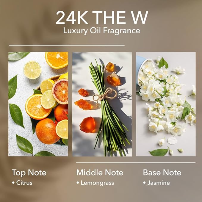 24K The W Diffuser Oil, 16.9 FL Oz 500 mL, Luxury Hotel Scent for Home, Bathroom, Spa & Office, Natural Essential Oil, Citrus & Lemongrass.