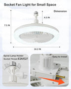 Socket Fan Light with Remote Control, 3 Colors 3000K-6500K Dimmable LED Light Bulb Fan Screw in Ceiling Fan for Bedroom, Kitchen, Storage Room, Closet, Wireless Small Ceiling Fans with Lights - White