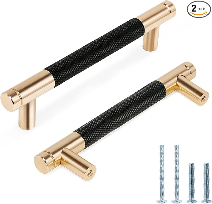 Knurled Cabinet Pulls 2 Pack, 5 Inch Long Cabinet Handles Metal Door Pulls, Kitchen Drawer Pull Knurled Dresser Handles - 3 3/4" Hole to Hole, Black & Gold