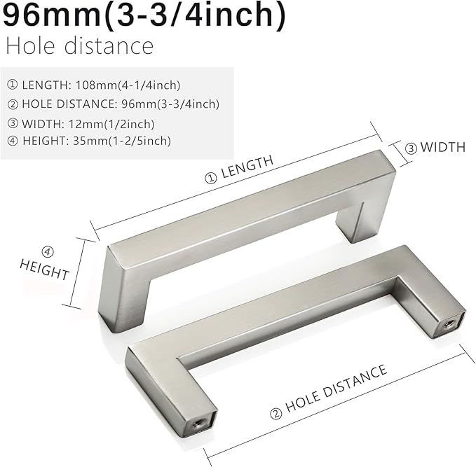 Cabinet Pulls Brushed Nickel Cabinet Handles Square Drawer Pulls, 20 Pack 3-3/4 Inch Stainless Steel Kitchen Door Cupboard Cabinet Handles, Cabinet Hardware Drawer Handles, 96mm Hole Centers