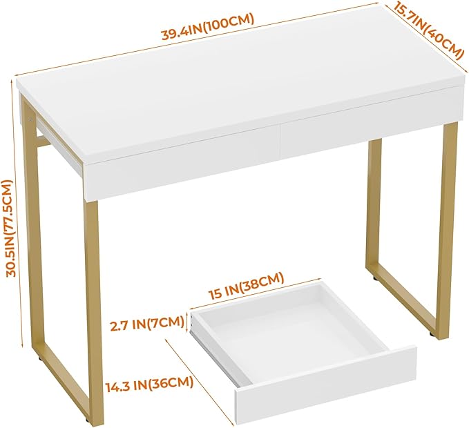 GreenForest Vanity Desk with 2 Drawers,47 inch White Desk with Glossy Desktop Easy Clean,Makeup Dressing Table with Metal Gold Legs for Home Office Small Spaces,Bedroom