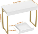 GreenForest Vanity Desk with 2 Drawers,39 inch White Desk with Glossy Desktop Easy Clean,Makeup Dressing Table with Metal Gold Legs for Home Office Small Spaces,Bedroom