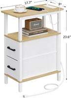 Narrow Side Table for Small Spaces, Skinny End Table with Charging Station, Sofa Beside Table with 2 Fabric Drawers and 1 Open Compartment, Slim Nightstand with USB Ports Outlet, White and Nature Wood