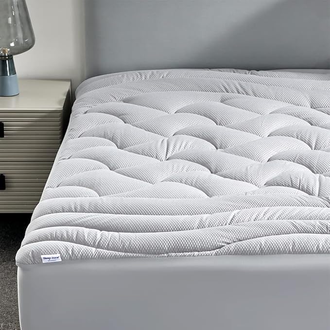 SLEEP ZONE Cooling Mattress Topper Cal King, Premium Zoned Quilted Mattress Pad, Pillow Top Mattress Protector Cover, Machine Wash Durable, Deep Pocket 8-21 inch, Silver Grey, Cal King