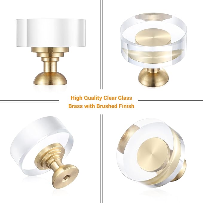 6-Pack 1-1/4-Inch White Cabinet Glass Crystal Brass knobs Brass Drawer Round Knobs Dresser Pulls, Gold Hardware Kitchen Closet knobs for Bifold Doors