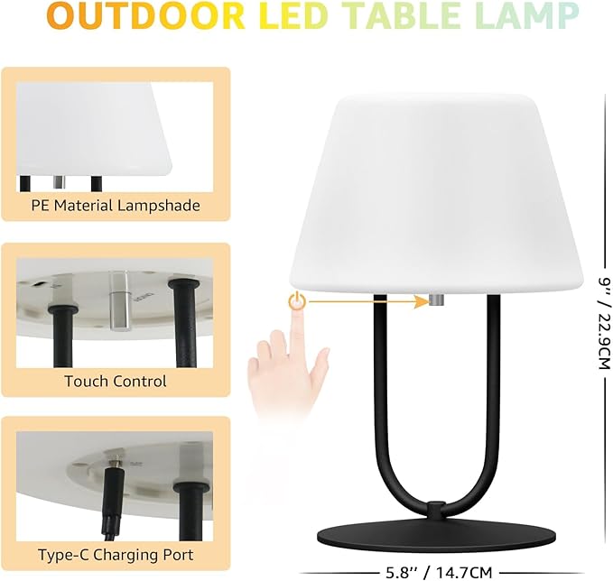FUYO Outdoor Cordless Table lamp Rechargeable, Portable Dimmable Night Lights, Water-Resistant Shower Lamps, Touch Bedside Lamp for Patio/Bedroom/Living Room/Indoor/Restaurant(Black)