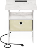 Furinno Andrey USB and Type-C Port Charging Station End Table with Storage Bin, 15.55 (W) x 12.56 (H) x 8.5 (D) inches, Marble White/Ivory