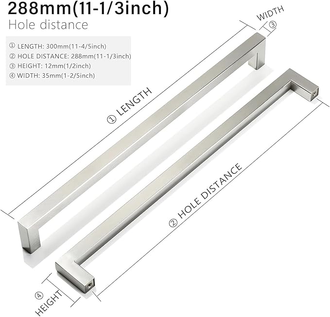 Cabinet Pulls Brushed Nickel Cabinet Handles Square Drawer Pulls, 10 Pack 11-1/3 Inch Stainless Steel Kitchen Door Cupboard Cabinet Handles, Cabinet Hardware Handles, 288mm Hole Centers