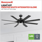 Honeywell Ceiling Fans Xerxes, 62 Inch Modern Indoor Ceiling Fan with Lights and Remote Control, Color Changing LED, 8 Dual Finish Blades, Reversible Motor - 51904-01 (Black)