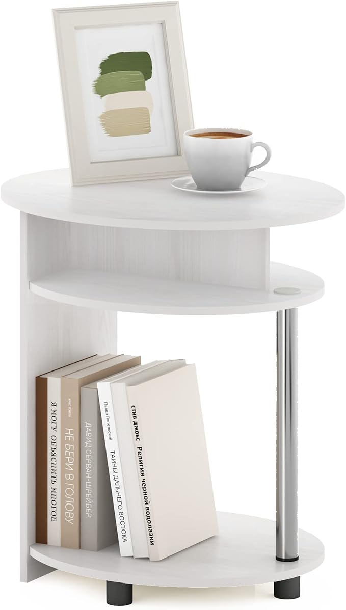 Furinno JAYA Simple Design Oval End Table with Bin, White Oak/Chrome