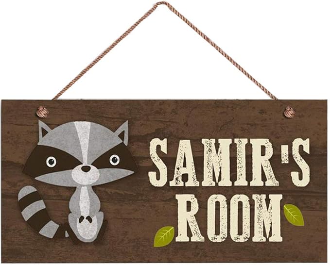 Personalized Signs Cute Raccoon Sign Customized Wall Art Decoration Custom Name Kids Room Baby Nursery Door Decor For Boys Room Girls Bedroom Little Man Cave