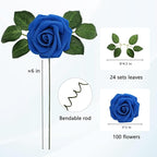 JOYLEX 100Pcs Royal Blue Artificial Flowers Realistic Roses, Real Looking Fake Roses with Stem for DIY Wedding Bouquets Centerpieces Bridal Shower Party Home Romantic Decorations (Blue, 100pcs)