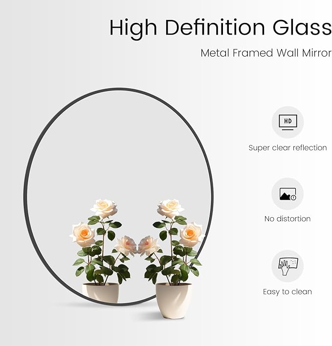 WallBeyond Black Round Wall Mirror 24 inch Circle Mirror for Bathroom with Metal Framed Mirror for Bathroom, Vanity, Living Room, Entryway Home Decor