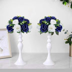10Pcs Fake Flower Ball Arrangement Bouquet, 9.5" 15 Heads Plastic Roses with Base,Suitable for Parties Valentine's Day Wedding Centerpiece Flower Rack and Home Décor (Navy Blue & White)