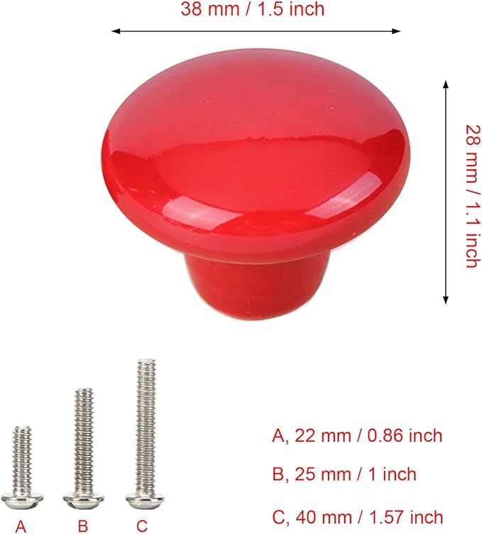 HUAMULAN 15PCS Red Glossy Ceramic Knobs Button Mushroom Round Cabinet Dresser Pulls Door Handles Cupboard Wardrobe Drawer, Dia. 1.5 inch 38mm