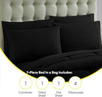 Sweet Home Collection 7 Piece Comforter Set Bag Solid Color All Season Soft Down Alternative Blanket & Luxurious Microfiber Bed Sheets, Black, Queen