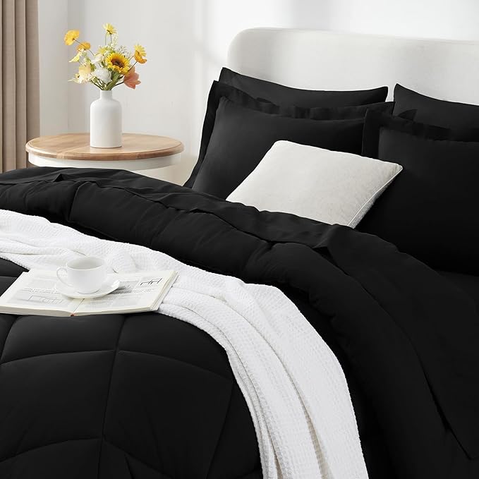 CozyLux California King Comforter Set Black - Cal King Bed in a Bag 7 Pieces, Luxury Soft Bed Set for All Seasons, Bedding Set with Down Alternative Comforter, Sheets, Pillowcases & Shams