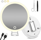 Lighted 10X Magnifying Mirror, 3 Color Modes Dimming Light, 6inch Large Rechargeable Magnified Mirror with 3 Suction Cups & 360° Stand, High Magnification Makeup Mirror with Tweezers & Scissors