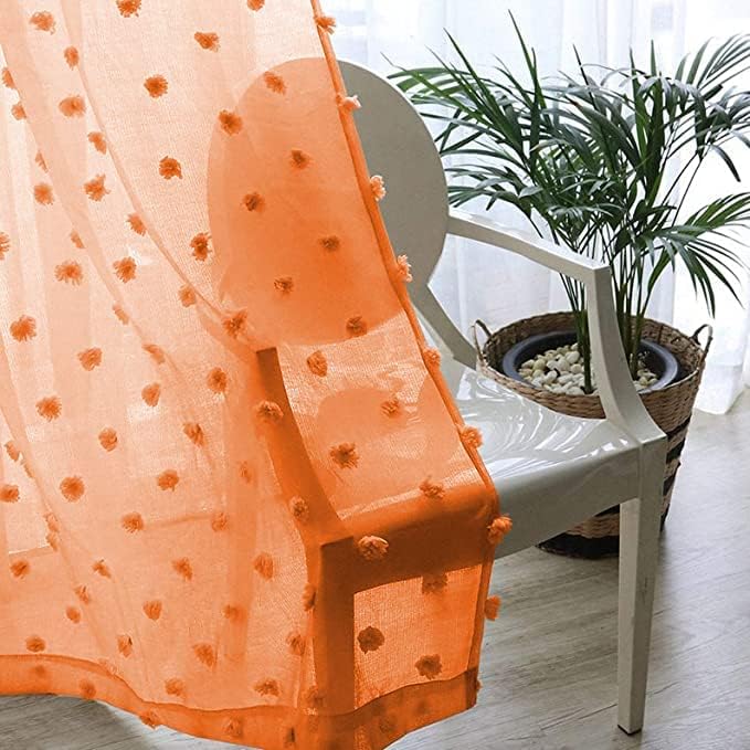 MYSKY HOME Pom Pom Orange Sheer Curtains for Bedroom Girls Room Curtains 72 Inches Long for Nursery Kids Light Filtering Boho Window Drapes, Rod Pocket, 38" Wide, 2 Panels