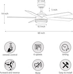 YUHAO 60 Inch White Ceiling Fan with Light and Remote Control.Noiseless,Dimmable,3CCT,6 Speeds Reversible, DC Ceiling Fans for Indoor or Covered Outdoor