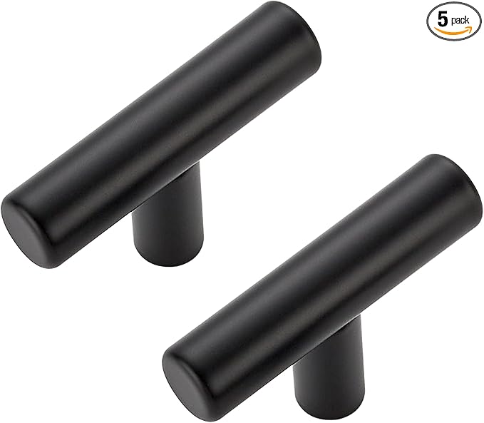 5 Pack Matte Black Cabinet Knobs - Kitchen Cabinet Knobs Black Cabinet Pulls for Kitchen Cabinet Drawer Stainless Steel Dresser Knobs for Cabinet Hardware 2in Length Single Hole T Bar