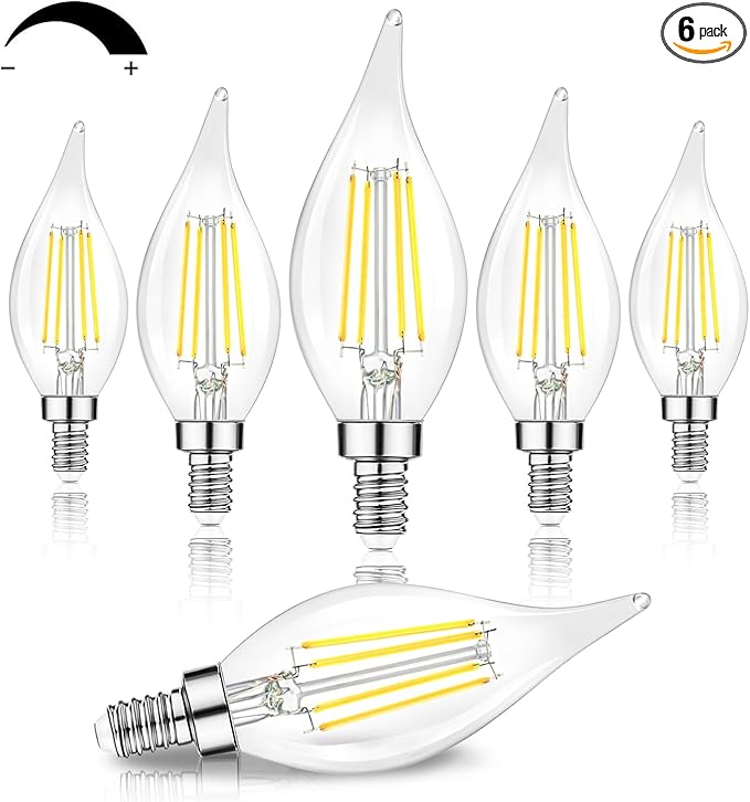 TOBUSA Dimmable E12 Candelabra LED Bulbs 60 Watt Incandescent Equivalent, 5000K Daylight White, Clear LED Chandelier Light Bulbs 6W, 600lm, CA11 Vintage Ceiling Fan Light Bulbs with Flame Tip, 6-Pack