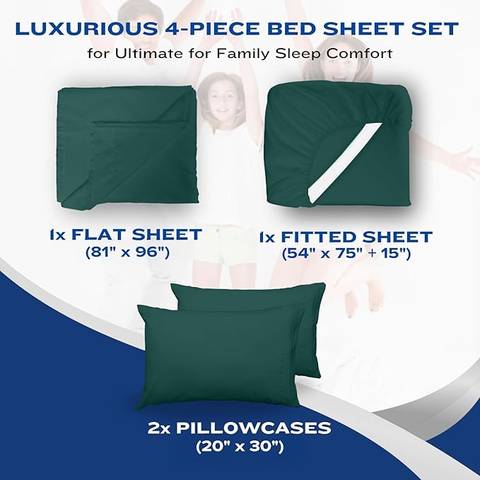 DREAMCARE Full Size Sheets Set - 4 Pcs Cooling Bed Sheets with Up to 15" Deep Pockets - Soft, Long-Lasting 100% Brushed Polyester with Side Pocket (Emerald Green)
