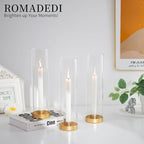 Romadedi Glass Hurricane Candle Holders Gold - 12 Inch Taper Candlestick Holder Bulk Clear Glass Cylinder Table Centerpiece Wedding Decor Party Birthday Christmas Home Decorations, Set of 6