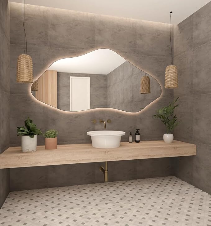 Asymmetrical Bathroom LED Mirror, Modern Irregular Shape Wall Mirror with LED Lights, Frameless Aesthetic Backlit LED Illimunated Vanity Mirror (43" x 21" inc)