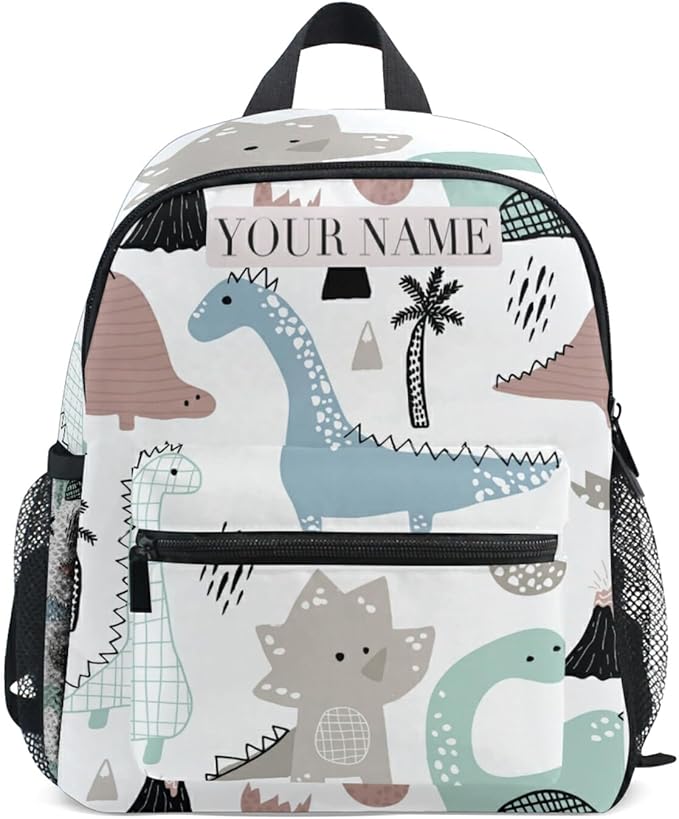 OREZI Custom Mame/Text Preschool Backpack with Chest Strap,Personalized Dino Scandinavian Style Mini Toddler Backpack Daycare Toy Bag for Boys Girls,10 x 4x 12 Inches