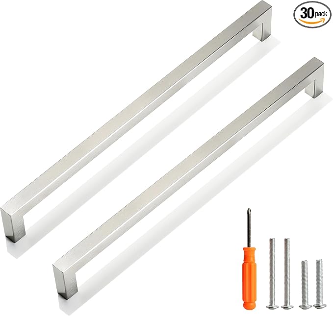 Cabinet Pulls Brushed Nickel Cabinet Handles Square Drawer Pulls, 30 Pack 11-1/3 Inch Stainless Steel Kitchen Door Cupboard Handles, Cabinet Hardware Drawer Handles, 288mm Hole Centers