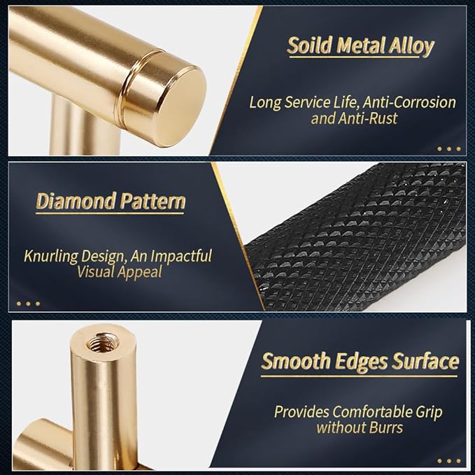 Knurled Cabinet Pulls 12 Pack, 4 Inch Long Cabinet Handles Metal Door Pulls, Kitchen Drawer Pull Knurled Dresser Handles - 3" Hole to Hole, Black & Gold