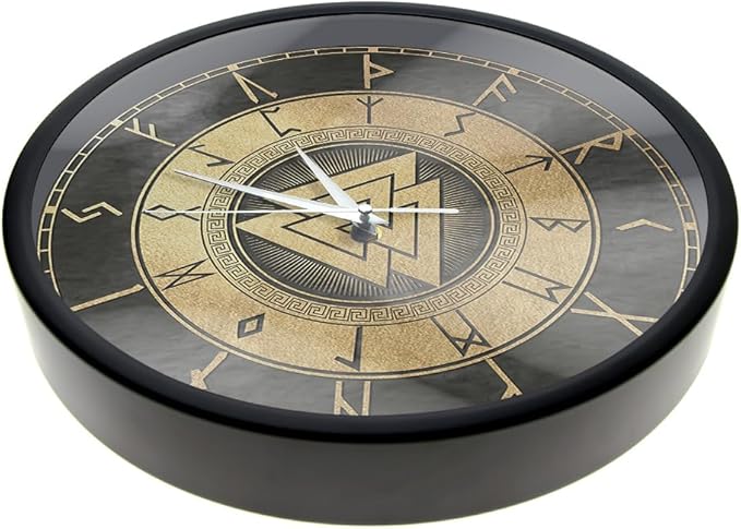 12 Inch Scandinavian Viking Design Valknut Wall Clock, Vintage Futhark Viking Runes Warrior Norse Print Wall Clock Accurate Silent Non Ticking Battery Operated for Man Cave Bedroom Farmhouse