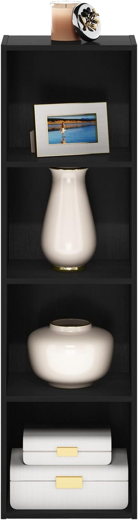Furinno PASIR Book Shelf, 4-Tier Modern Bookshelf, Open Shelves Bookcase 9" x 12" x 42", for Living Room, Bedroom, Home Office, Blackwood