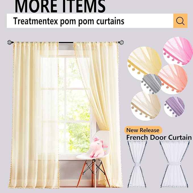 Treatmentex Pom Pom Linen Sheer Curtains for Living Room 63 inches Length Slub Textured Natural Farmhouse Window Sheers Drapes 52" w x 2 Pack, Rod Pocket, Beige