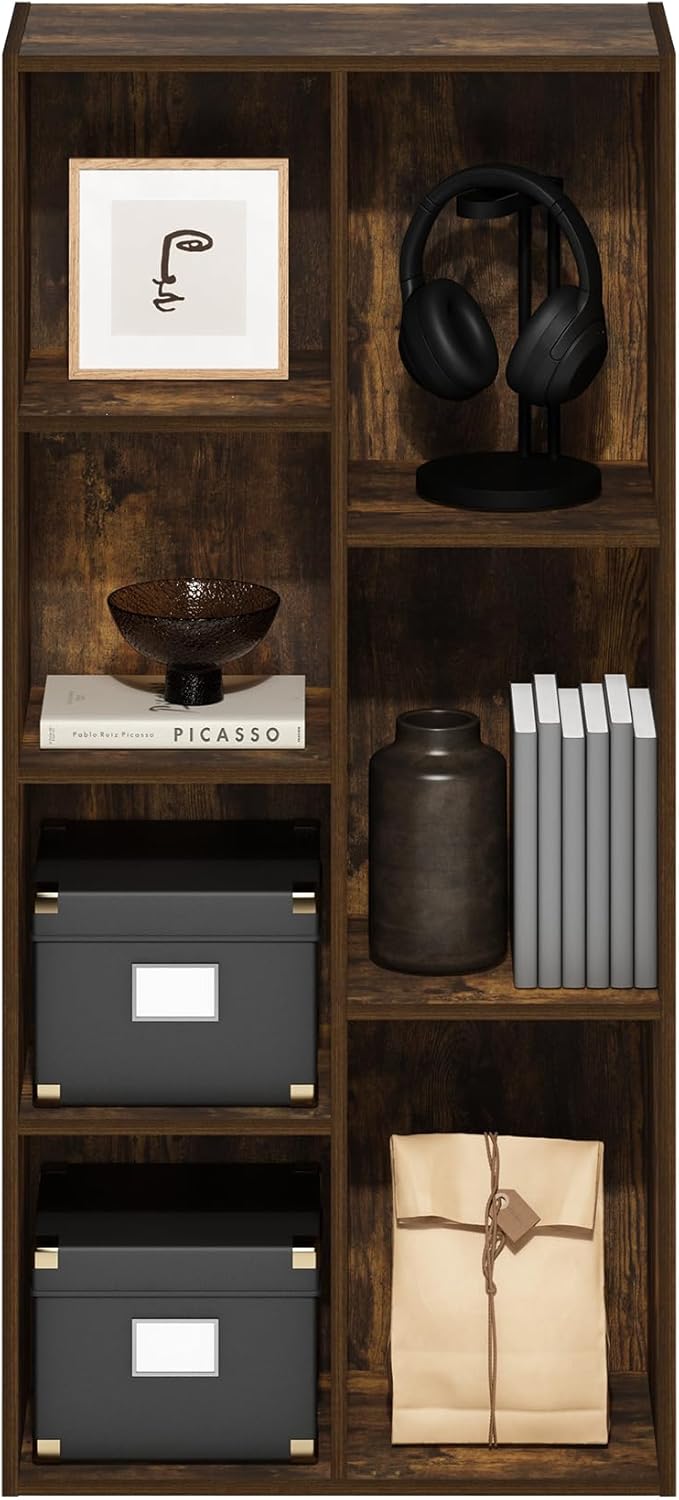 Furinno LUDER Book Shelf, 7-Cube Bookshelf, Bookcase, 9.4" x 19.5" x 41.7", for Living Room, Bedroom, Home Office, Amber Pine