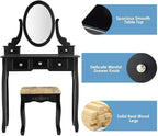 CHARMAID Vanity Table Set with Rotatable Oval Mirror, Bedroom Makeup Table with 5 Drawers for Women Girls, Dressing Table with Cushioned Stool (Black)